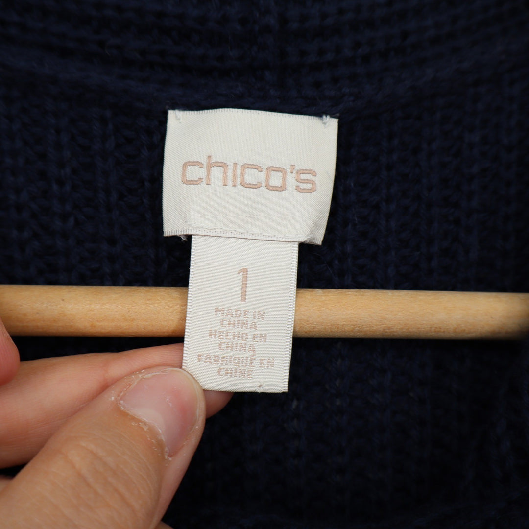 Chicos Navy Blue Ribbed Knit Wool Blend Shawl Collar Longline Cardigan Vest 1 M