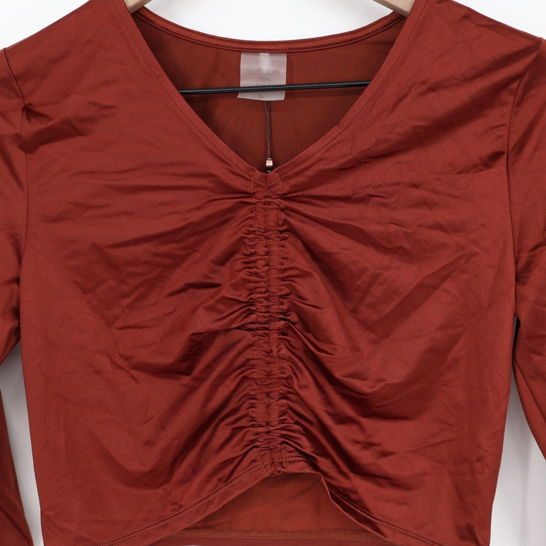 CALIA Womens Long Sleeve Ruched Rashguard Red Brown Shine UPF 50+ Small New