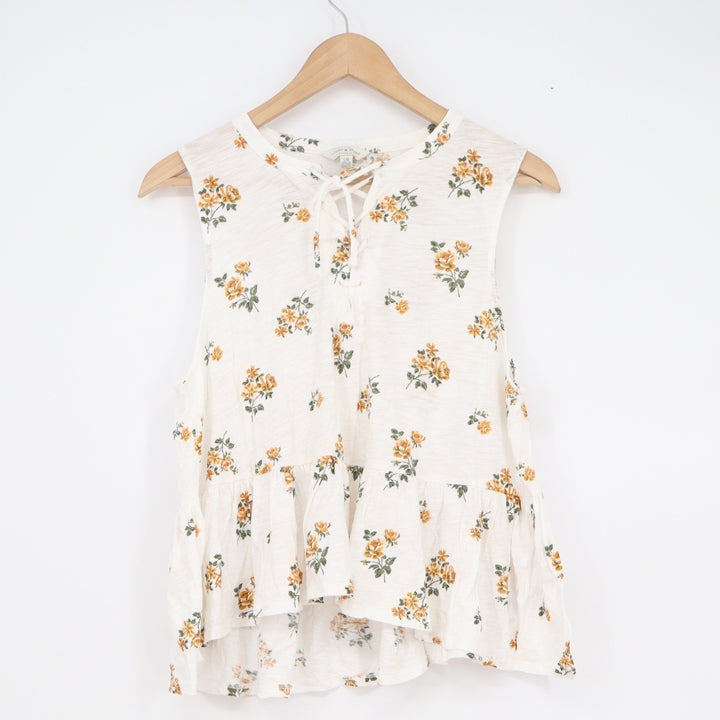 Lucky Brand Ivory Yellow Floral Lace Up Peplum Sleeveless Top Large