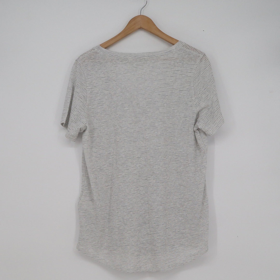 Athleta Womens V Neck Striped Short Sleeve T-Shirt Grey White Large