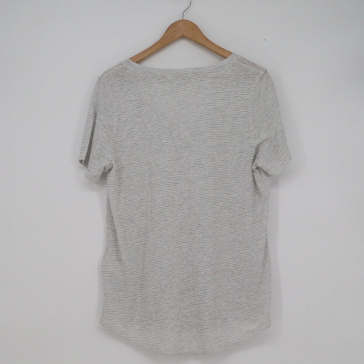 Athleta Womens V Neck Striped Short Sleeve T-Shirt Grey White Large