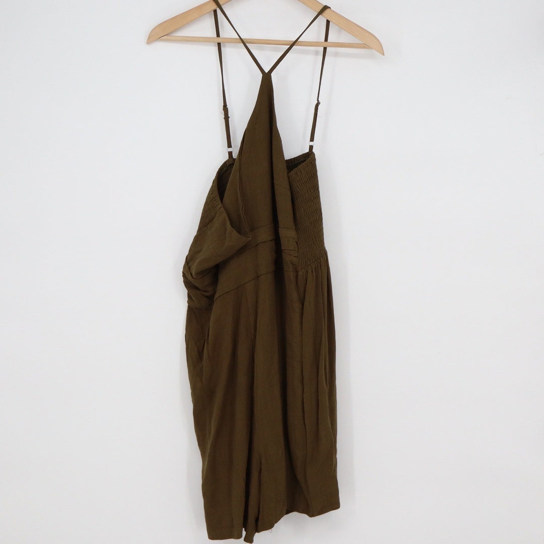 Olive Green Linen Blend Smocked Back Romper Adjustable Straps Large