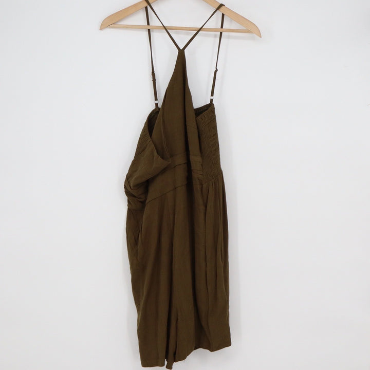 Olive Green Linen Blend Smocked Back Romper Adjustable Straps Large