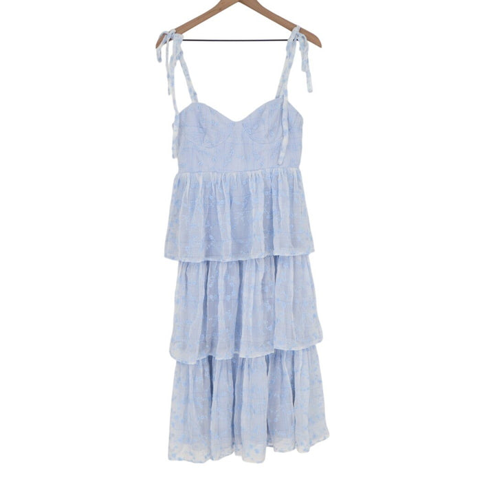 Lulus Vineyard Visit Midi Dress Womens Medium Blue Embroidered Tie-Strap Tiered
