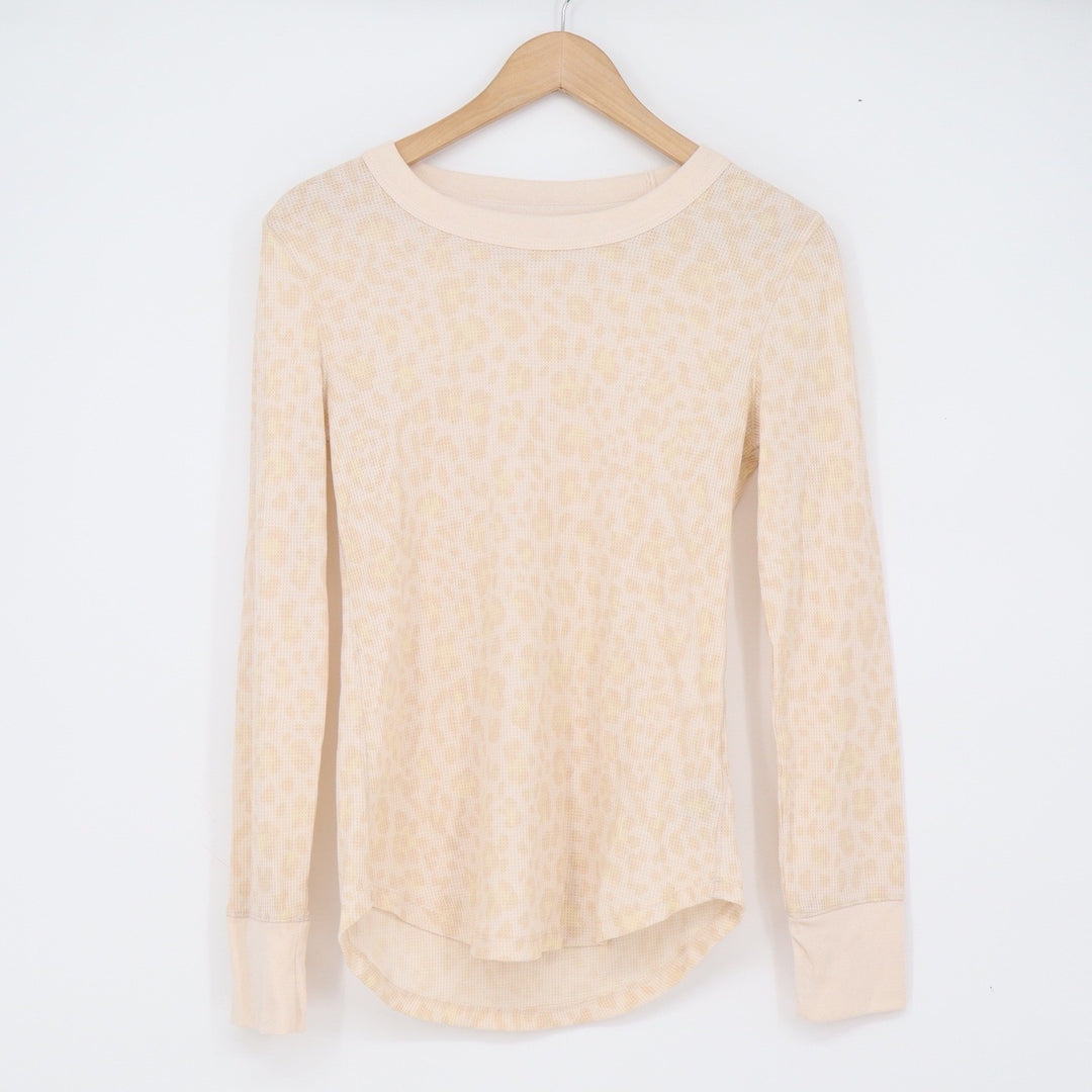 Gap Thermal Top Womens S Waffle Knit Beige Leopard Print Long Sleeve Excellent