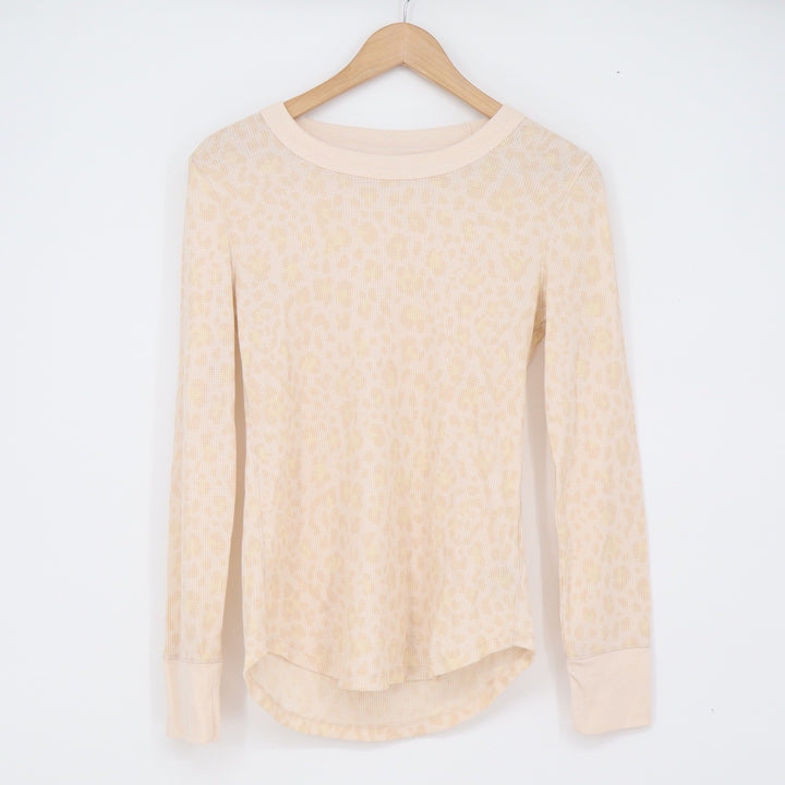 Gap Thermal Top Womens S Waffle Knit Beige Leopard Print Long Sleeve Excellent
