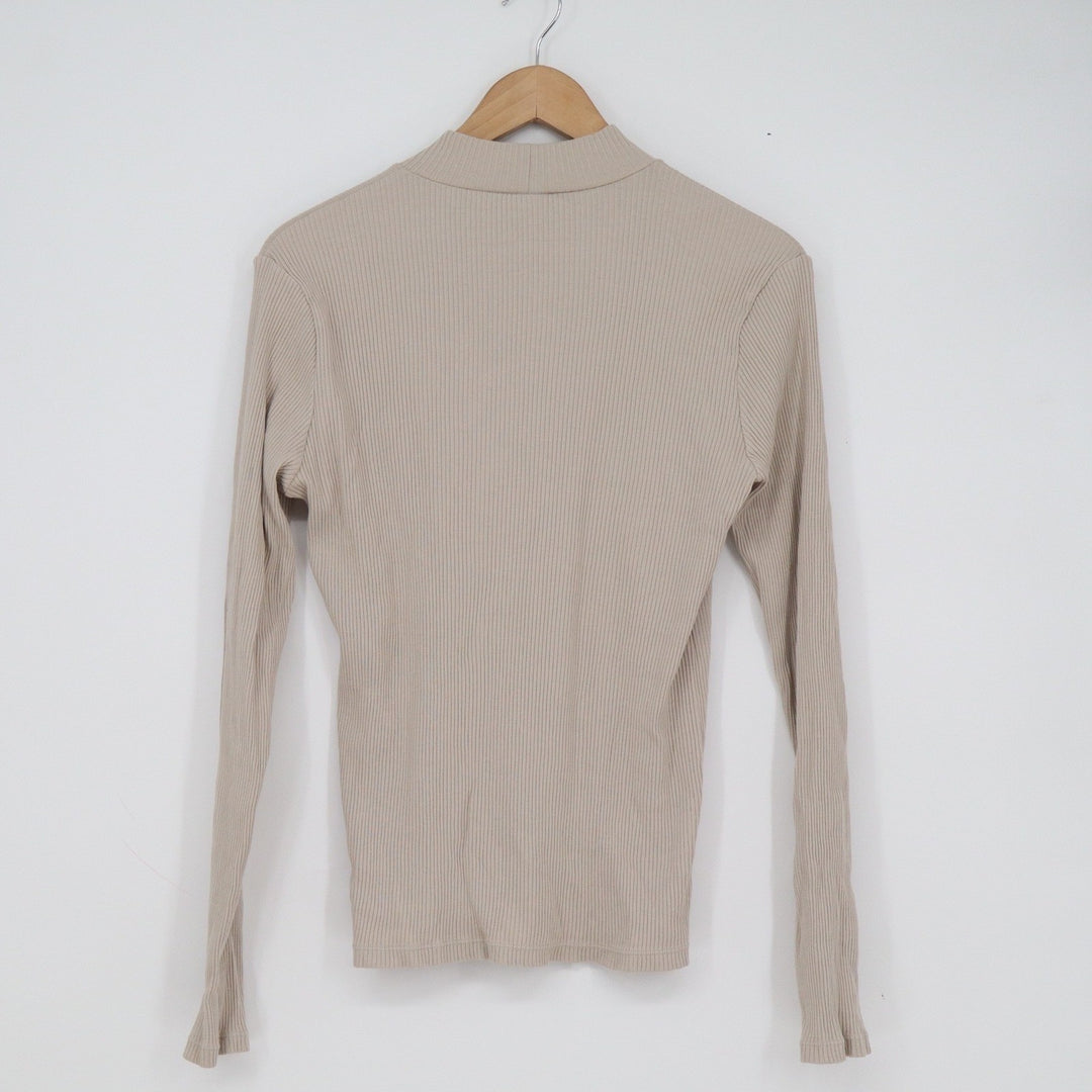Uniqlo Womens Mock Neck Ribbed Long Sleeve Top Beige Tan Size M