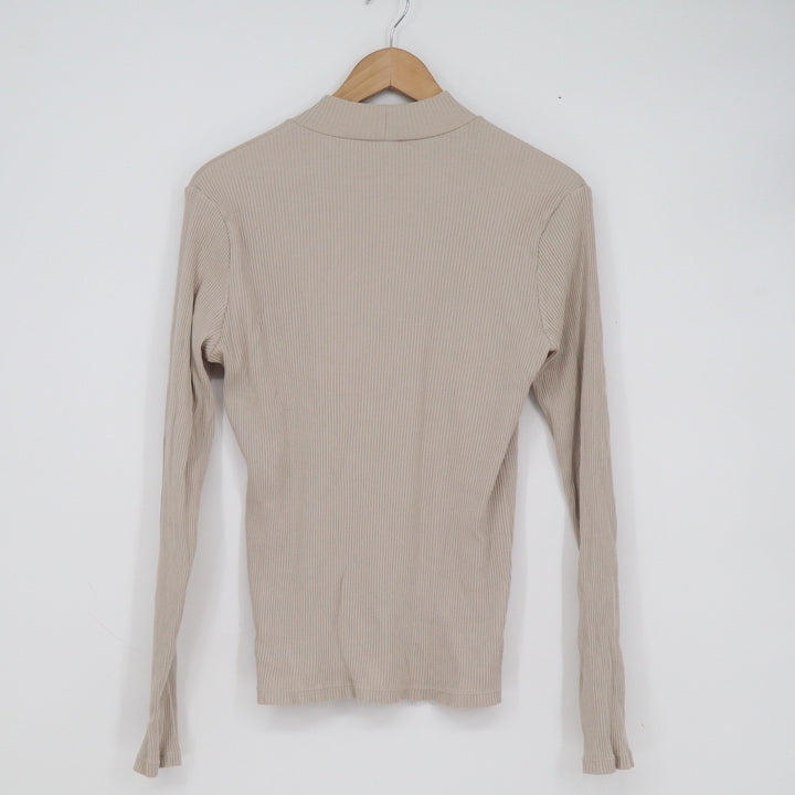 Uniqlo Womens Mock Neck Ribbed Long Sleeve Top Beige Tan Size M