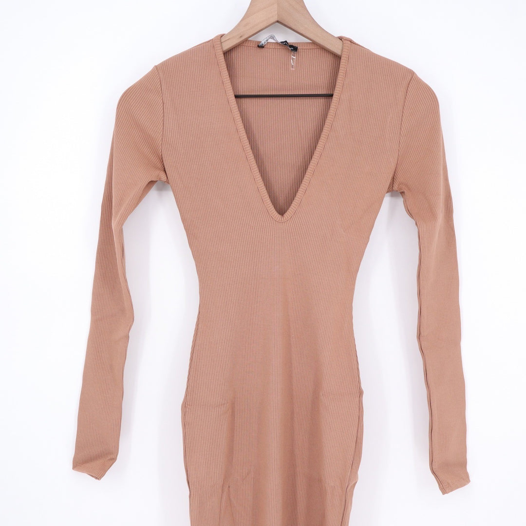 Naked Wardrobe Ribbed Deep V-Neck Maxi Dress Tan Long Sleeve Small