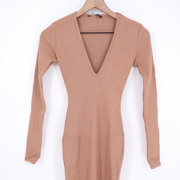 Naked Wardrobe Ribbed Deep V-Neck Maxi Dress Tan Long Sleeve Small