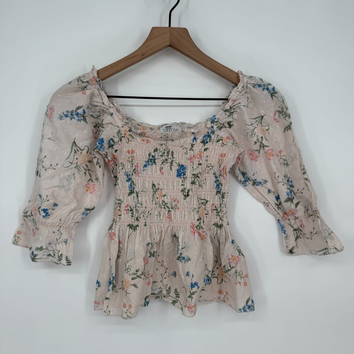 Saylor Clover Blouse Top Womens XS Multicolor Floral Cotton Smocked Scoop Neck