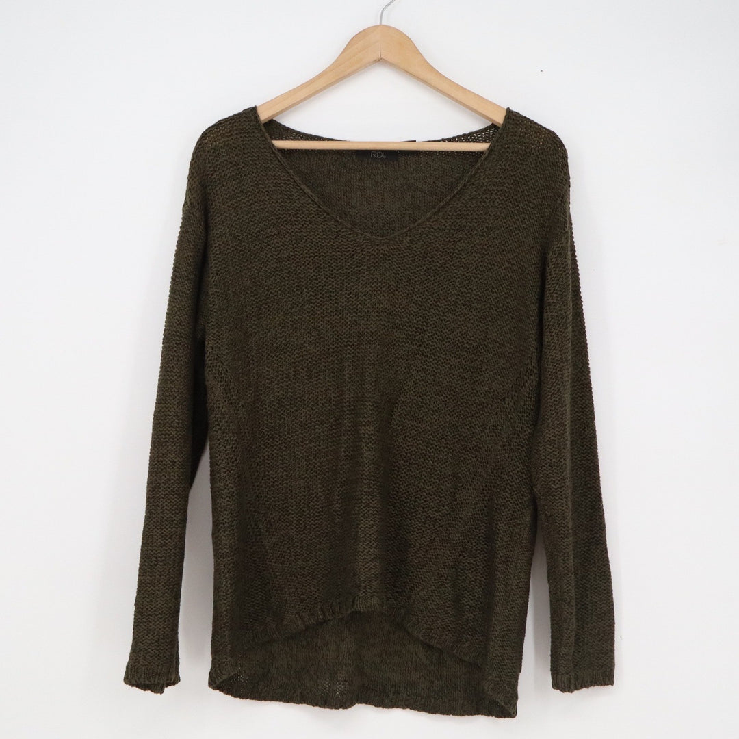 RDI Olive Green V-Neck Knit Sweater with Quilted Elbow Patches Large High-Low