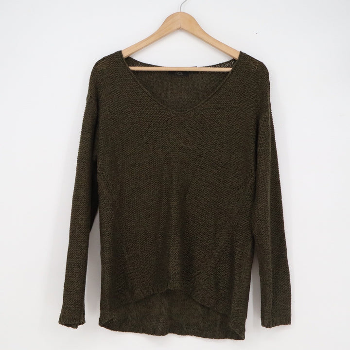 RDI Olive Green V-Neck Knit Sweater with Quilted Elbow Patches Large High-Low