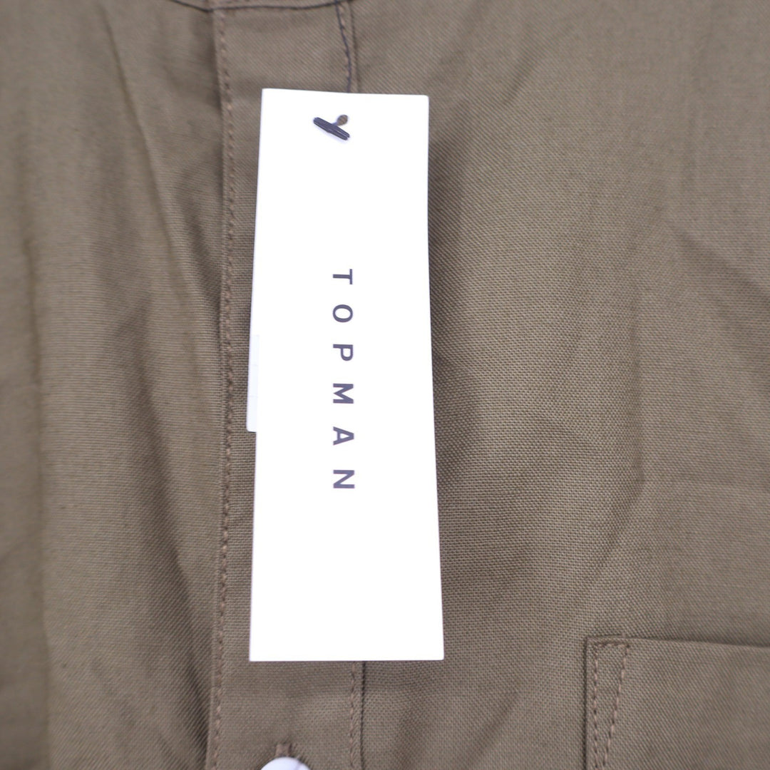 Topman Mens Grandad Collar Button Down Shirt Khaki Green Long Sleeve Large NEW