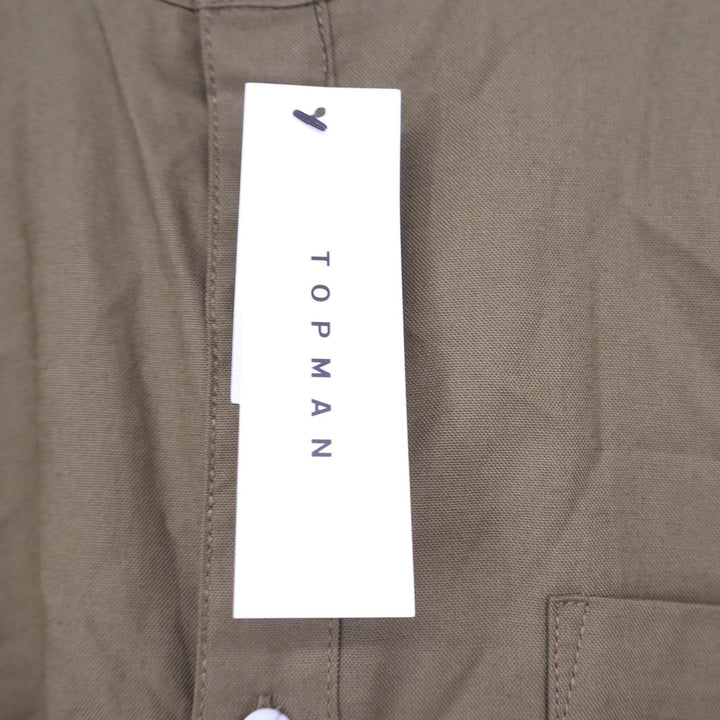 Topman Mens Grandad Collar Button Down Shirt Khaki Green Long Sleeve Large NEW