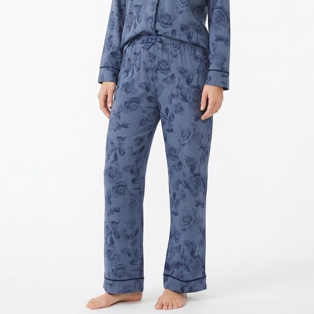 Womens Lounge Pants Medium Blue Floral Ribbed Knit Stretch Pajama Drawstring
