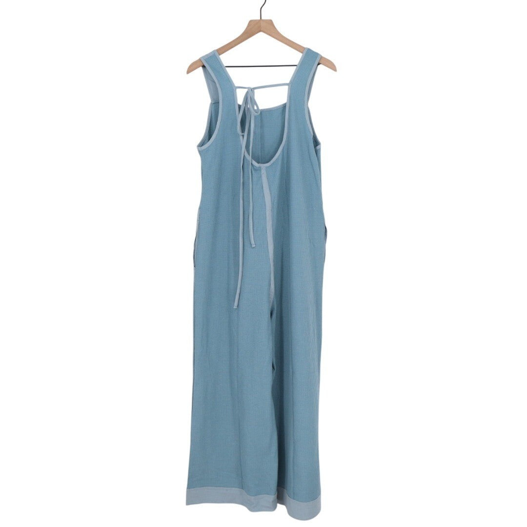 WIHOLL Blue Waffle Knit Jumpsuit Wide Leg Cropped Tie Back Size L