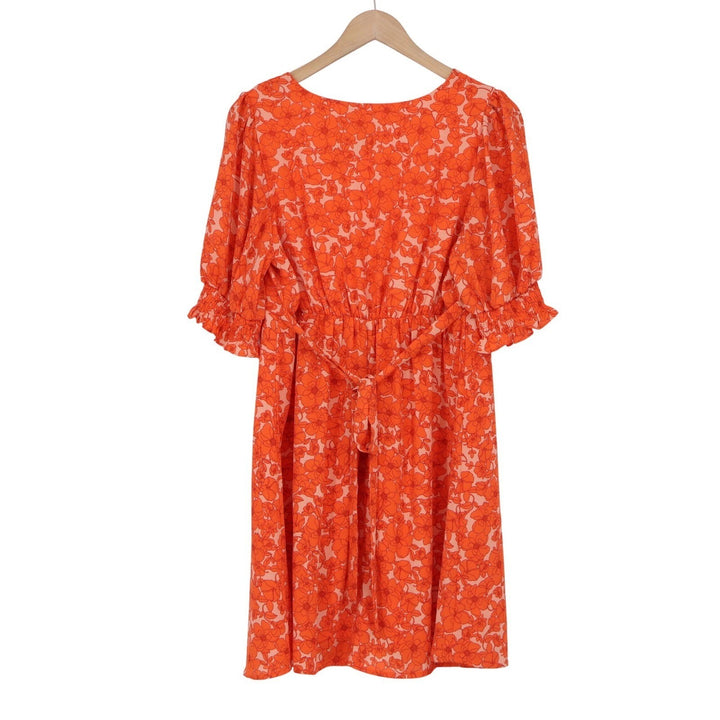 Sienna Sky Orange Floral V-Neck Puff Sleeve Mini Dress Large NWT