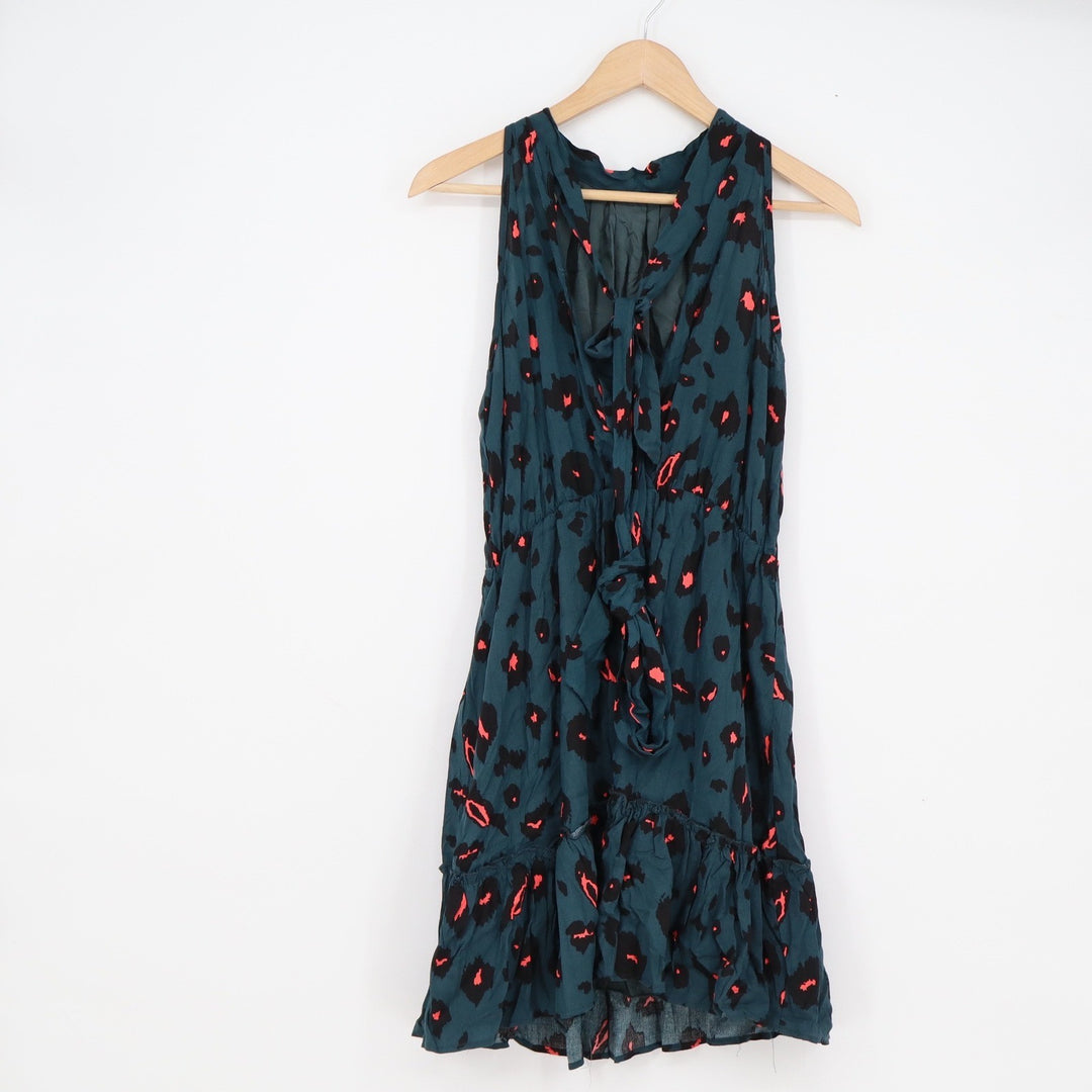 BTFBM Teal Animal Print Halter Mini Dress Sleeveless Ruffle Hem Small