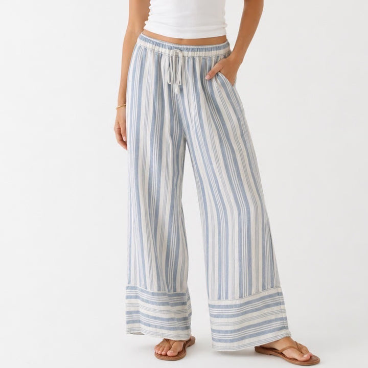 Casa Cabana Blue White Striped Linen Blend Wide Leg Pants Medium RN 146919