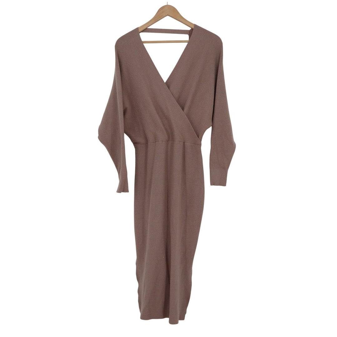 Coffee Brown Ribbed Knit Wrap Midi Dress Open Back Dolman Sleeve L
