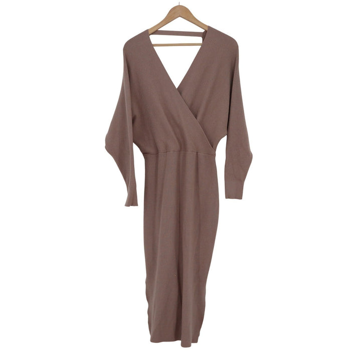 Coffee Brown Ribbed Knit Wrap Midi Dress Open Back Dolman Sleeve L