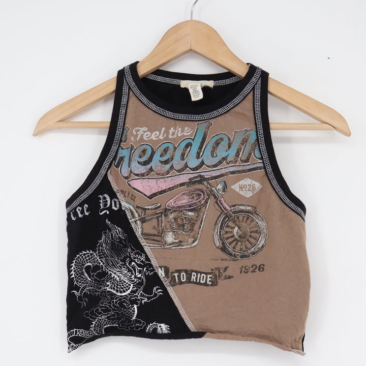 Full Tilt Womens Cropped Tank Top Black Brown Motorcycle Dragon Graphic Small