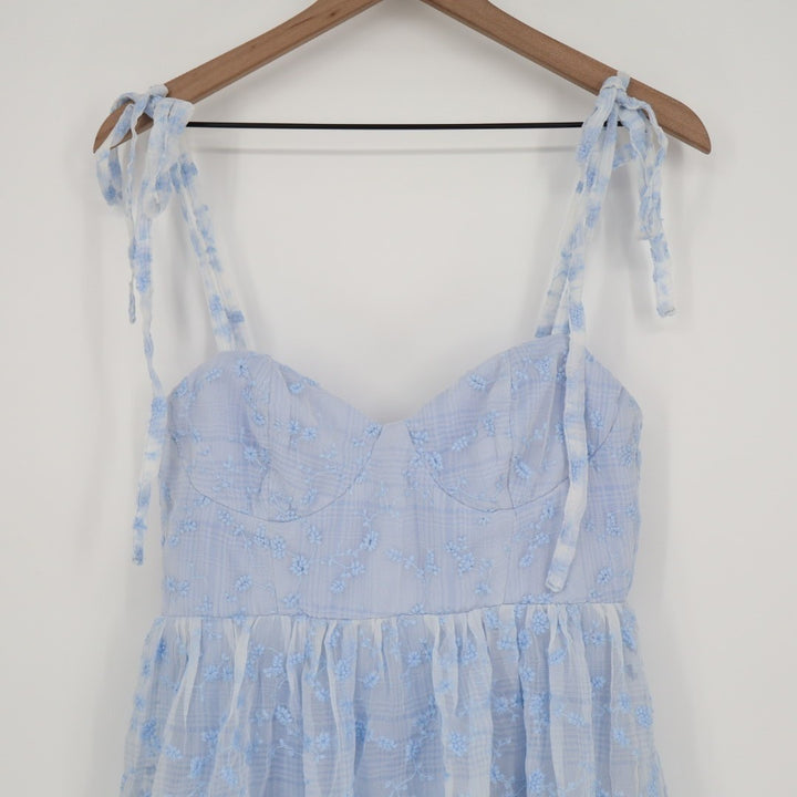 Lulus Vineyard Visit Midi Dress Womens Medium Blue Embroidered Tie-Strap Tiered