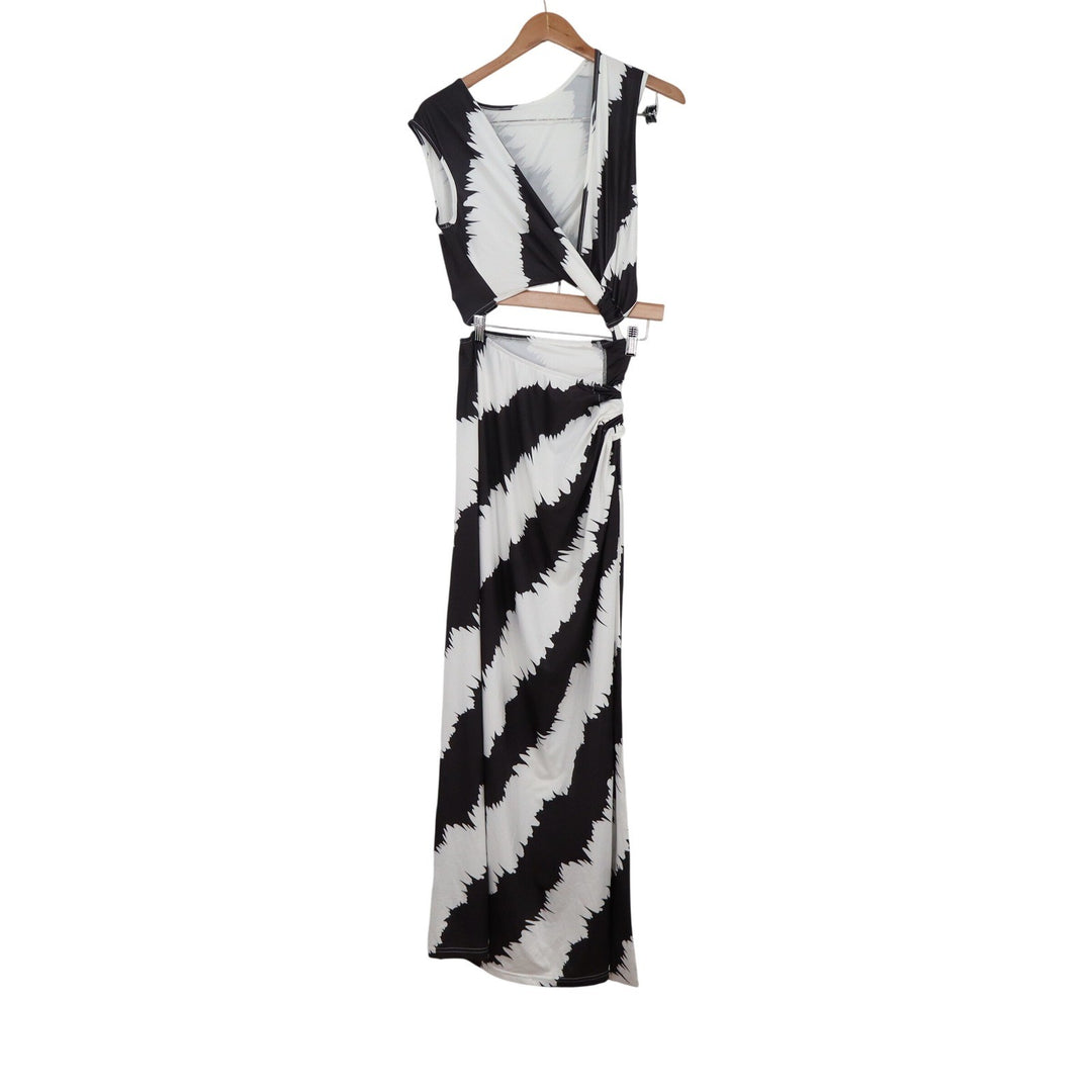 Black White Jagged Stripe 2 Piece Maxi Dress Set Sleeveless Wrap Top Small