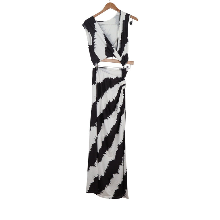 Black White Jagged Stripe 2 Piece Maxi Dress Set Sleeveless Wrap Top Small