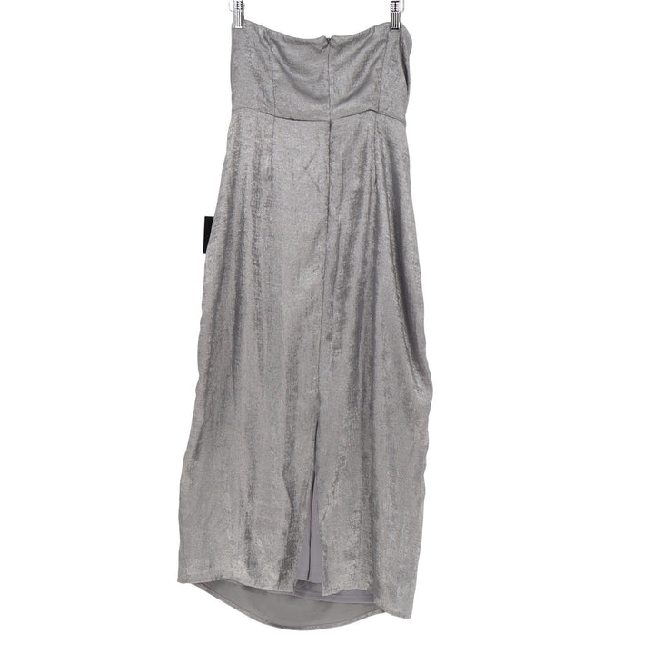 Lulus Silver Metallic Strapless Midi Dress High Low Tulip Hem Size L NWT
