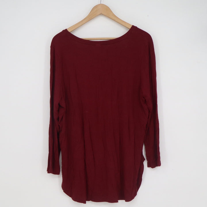 Old Navy Luxe Womens XL Burgundy V-Neck Long Sleeve Curved Hem T-Shirt Maroon