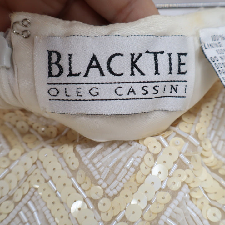 Oleg Cassini Black Tie Vintage Silk Beaded Sequin Diamond Mini Skirt Cream 12