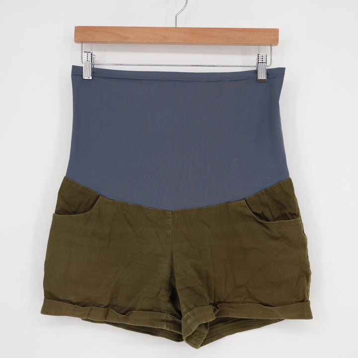 Maacie Womens Medium Maternity Shorts Olive Green Over Belly High Waist Cuffed