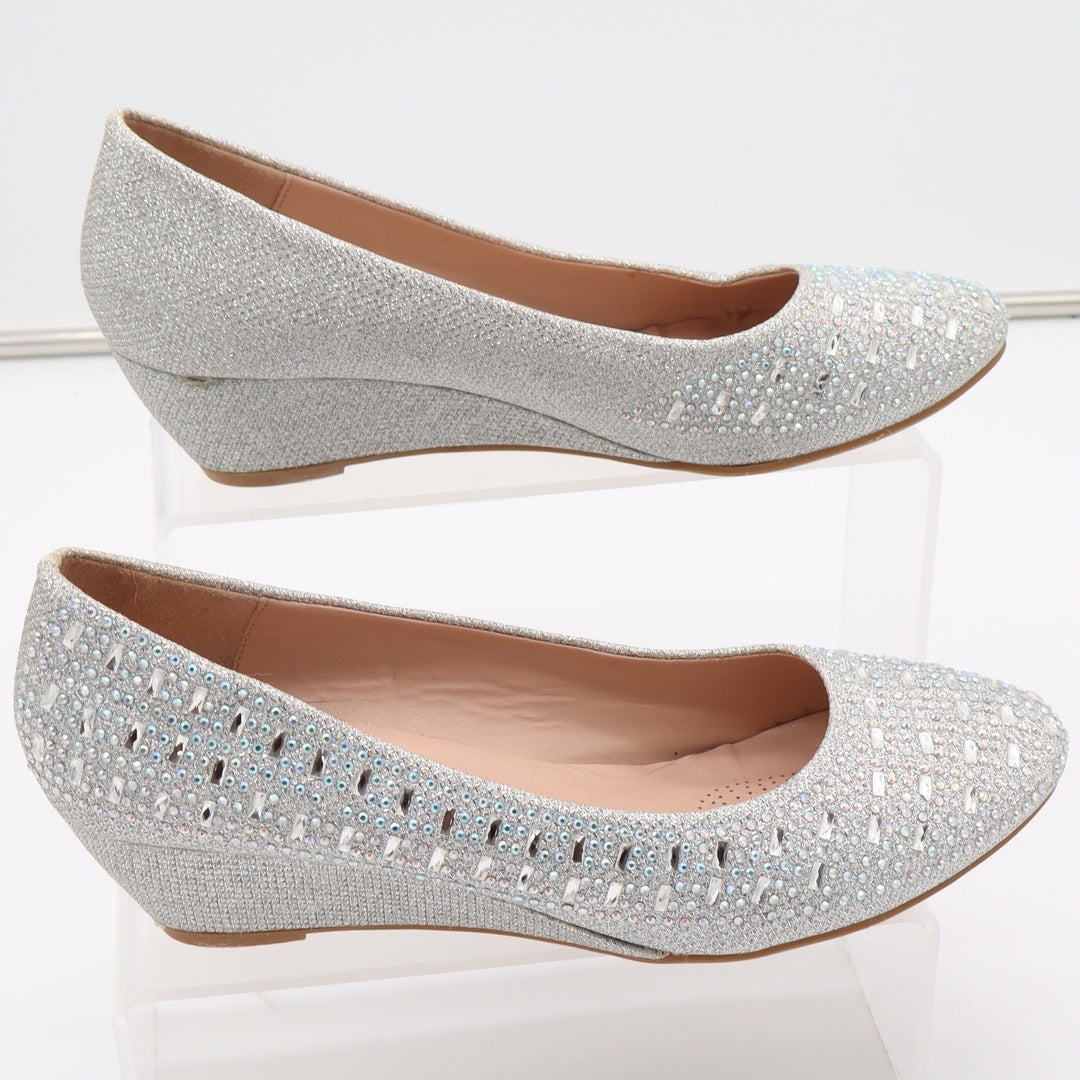 Forever Womens Silver Glitter Rhinestone Wedge Pumps Formal Evening Shoes Size 9