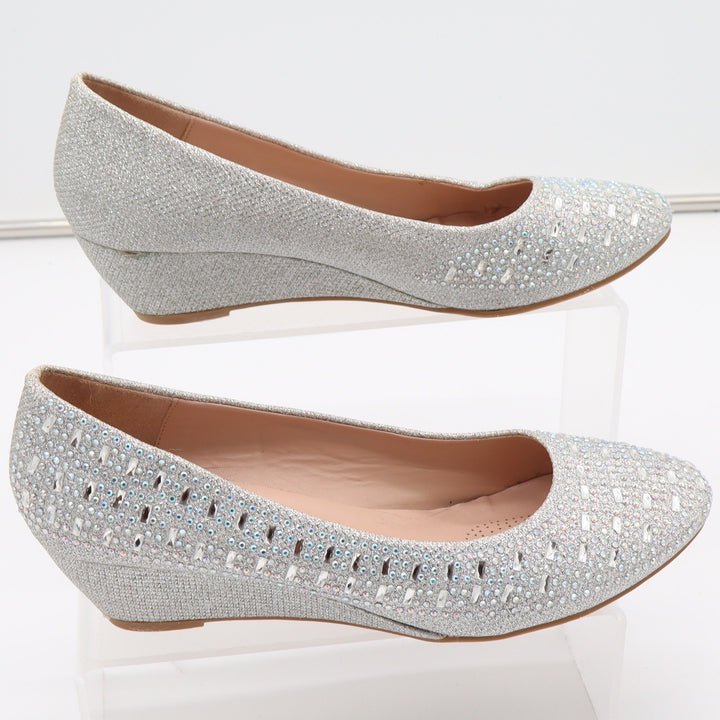 Forever Womens Silver Glitter Rhinestone Wedge Pumps Formal Evening Shoes Size 9