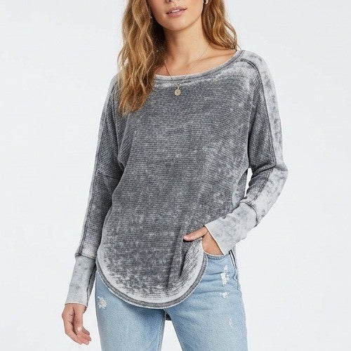 Project Social T Thermal Shirt Womens Large Gray White Tie Dye Knit Long Sleeve