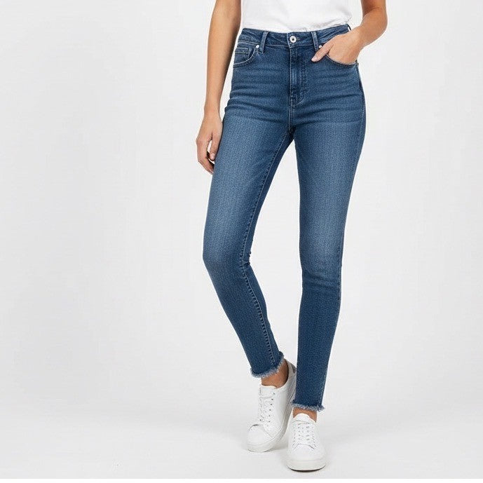 GOOD AMERICAN Good Waist High Rise Skinny Jeans Distressed Raw Hem Size 0 25