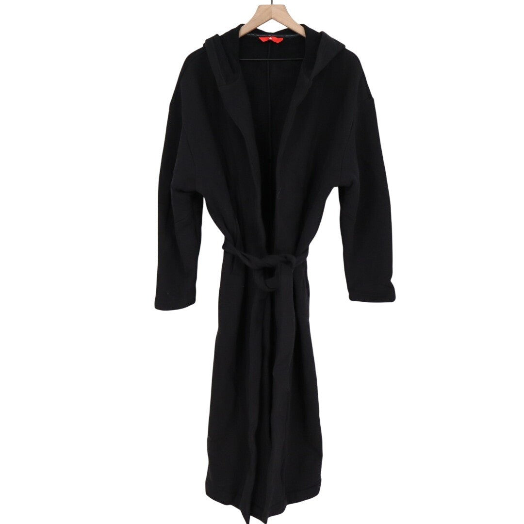 American Giant Fleece Long Coat Women M/L Black Cotton Hooded Pockets Waist Belt