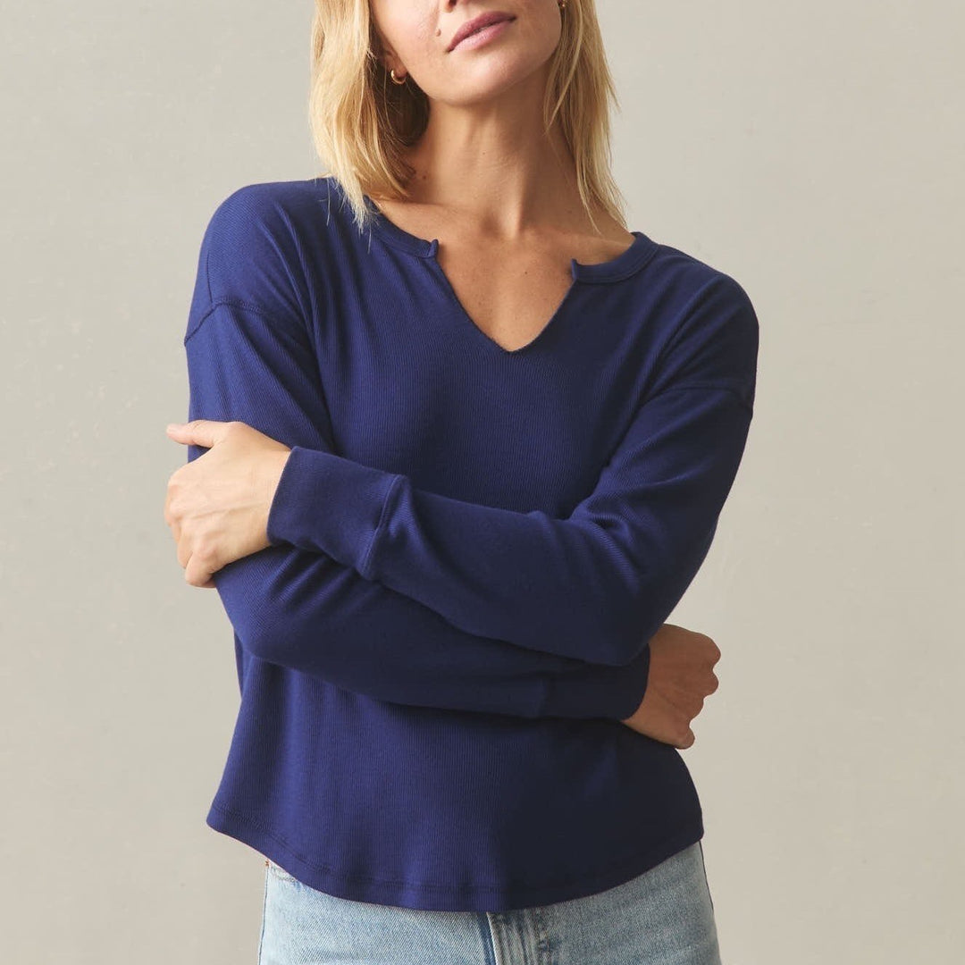 American Giant Luxe Rib Shirt Womens XL Blue Cotton Long Sleeve V-Notch Pullover