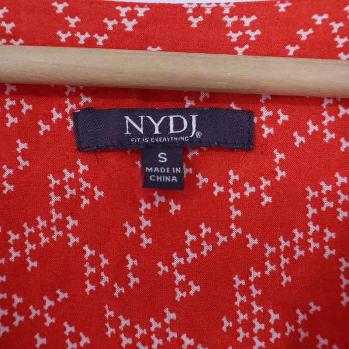 NYDJ Womens Red Geometric Print Henley Blouse 3/4 Roll Tab Sleeve Small