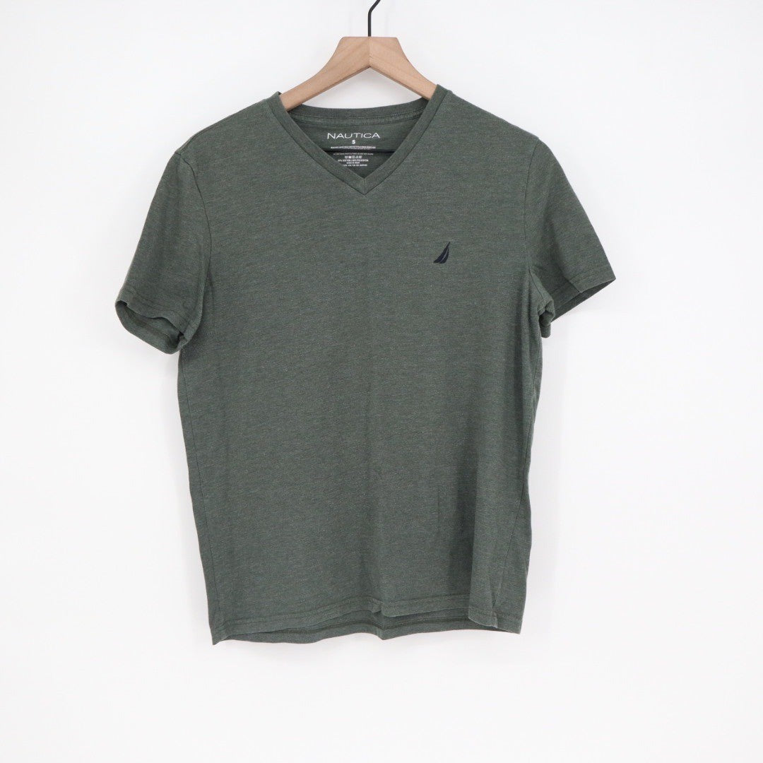 Nautica Mens V-Neck T-Shirt Green Short Sleeve Basic Logo Size S