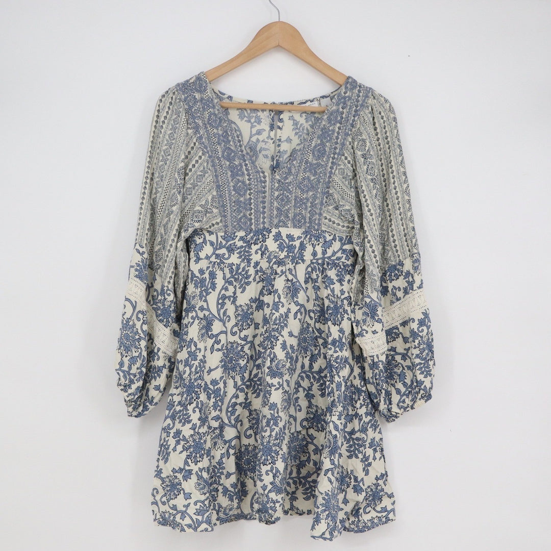 Sincerely Jules Blue Cream Floral Boho Mini Dress Long Sleeve Smocked Back Small