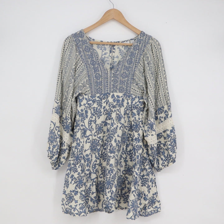Sincerely Jules Blue Cream Floral Boho Mini Dress Long Sleeve Smocked Back Small