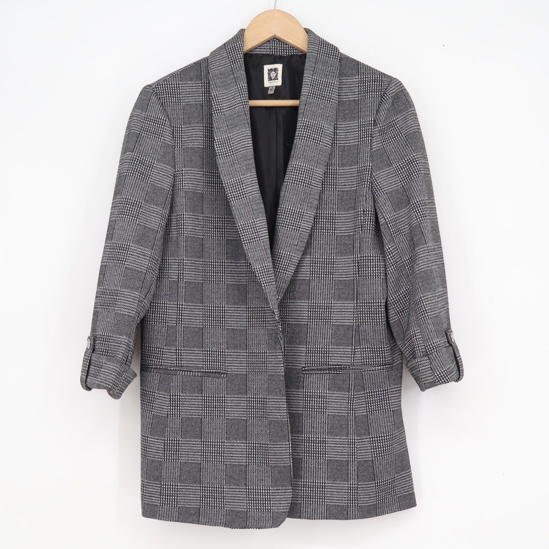 Anne Klein Womens Grey Metallic Glen Plaid Shawl Collar Open Front Blazer Size M
