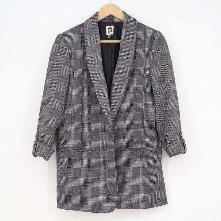 Anne Klein Womens Grey Metallic Glen Plaid Shawl Collar Open Front Blazer Size M