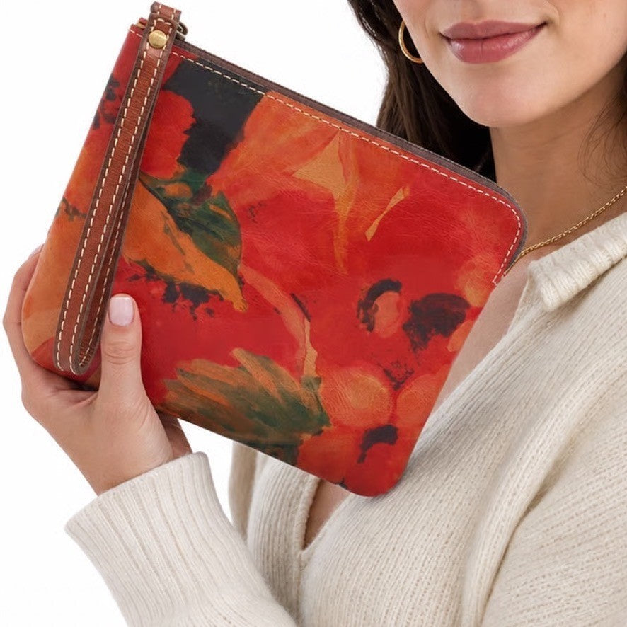 Patricia Nash Red Floral Leather Wristlet Pouch Hand Painted Zip Top Bag