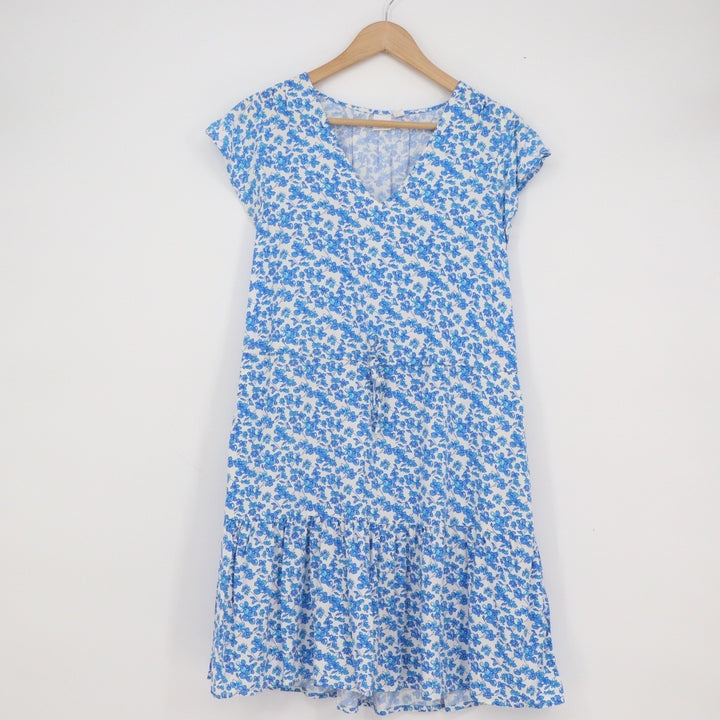 Gap Womens Blue White Floral V-Neck Tiered Mini Dress Size M Rayon Pockets