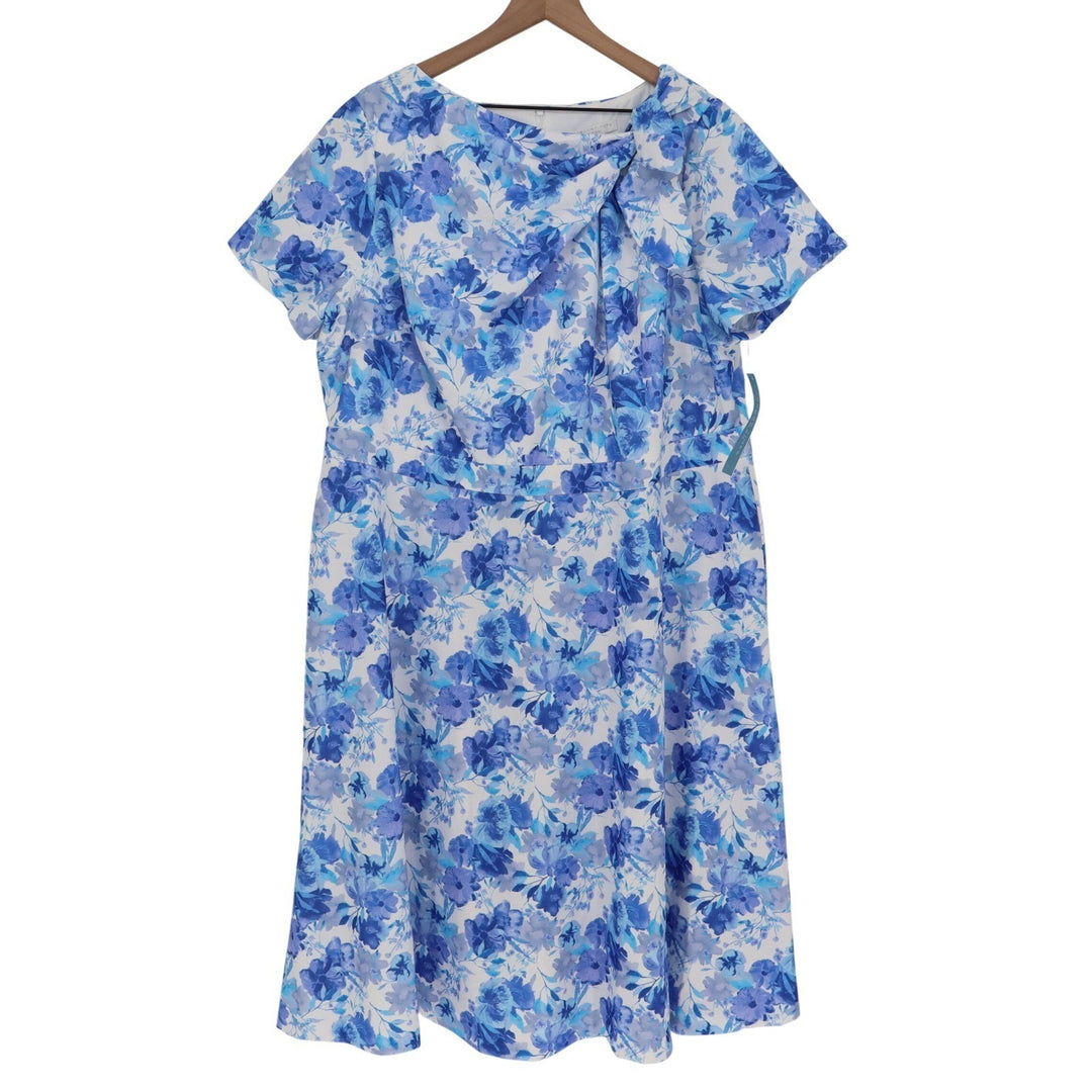 London Times Woman Blue Floral Pleated Neck Fit Flare Dress Plus Size 20W