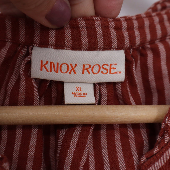 Knox Rose Rust Red Striped Ruffle Collar Button Down Blouse XL Long Sleeve